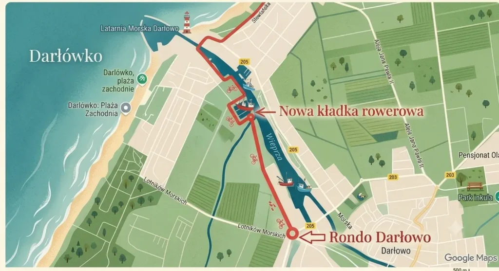 Lokalizacja nowej kładki rowerowej oraz układ zjazdów na rondzie w Darłówku Zachodnim.